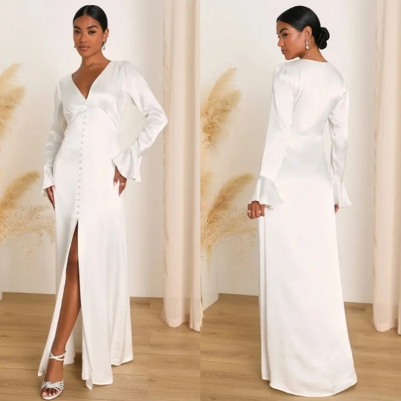 Lulus Elegant Celebration White Satin Long Sleeve Slip Maxi Dress XL Wedding - Picture 1 of 12